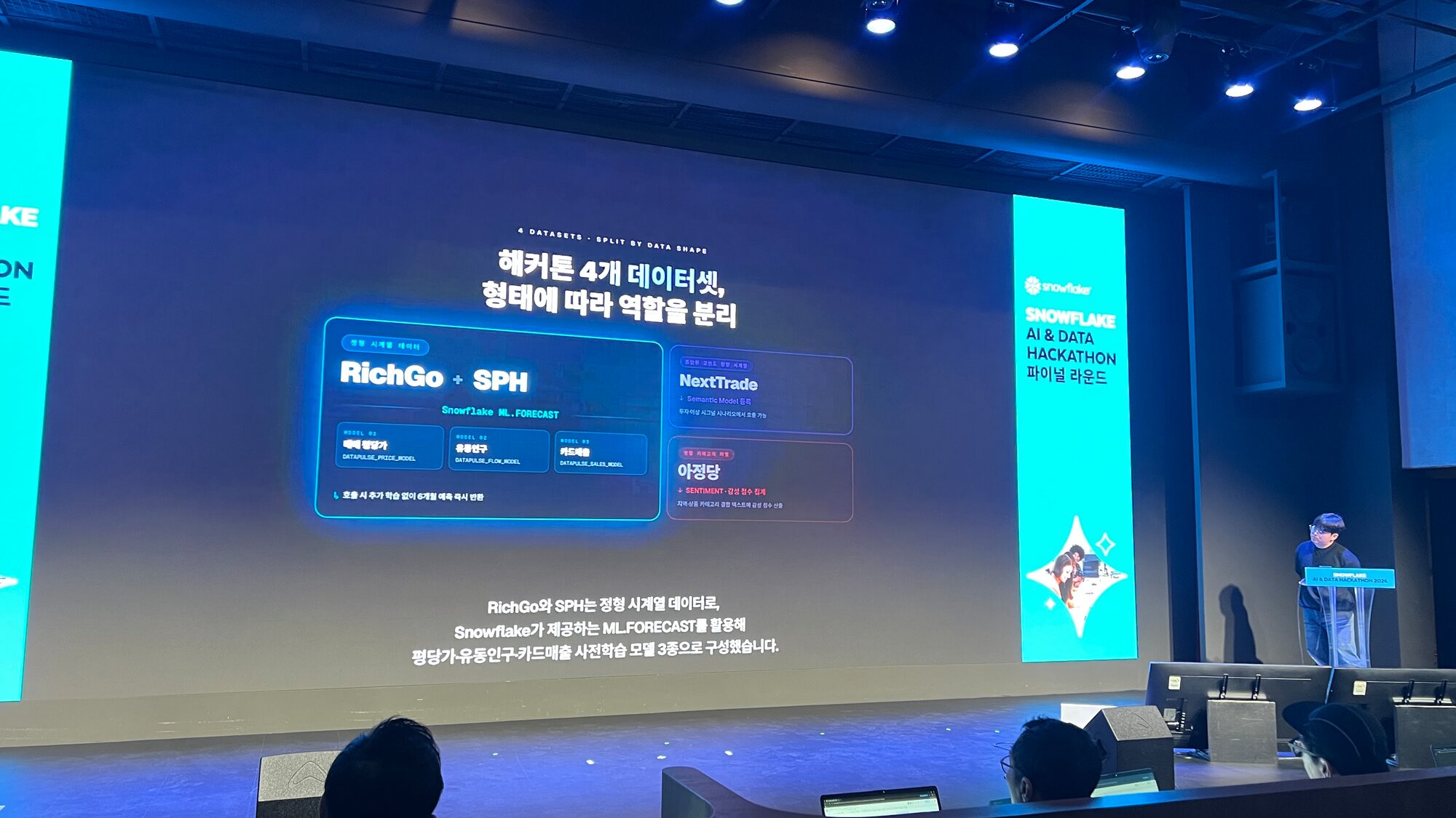 The dataset slide during the presentation, headed "해커톤 4개 데이터셋, 형태에 따라 역할을 분리", with RichGo and SPH routed into Snowflake ML.FORECAST as three pre-trained models on the left, and NextTrade and 아정당 in smaller panels on the right.