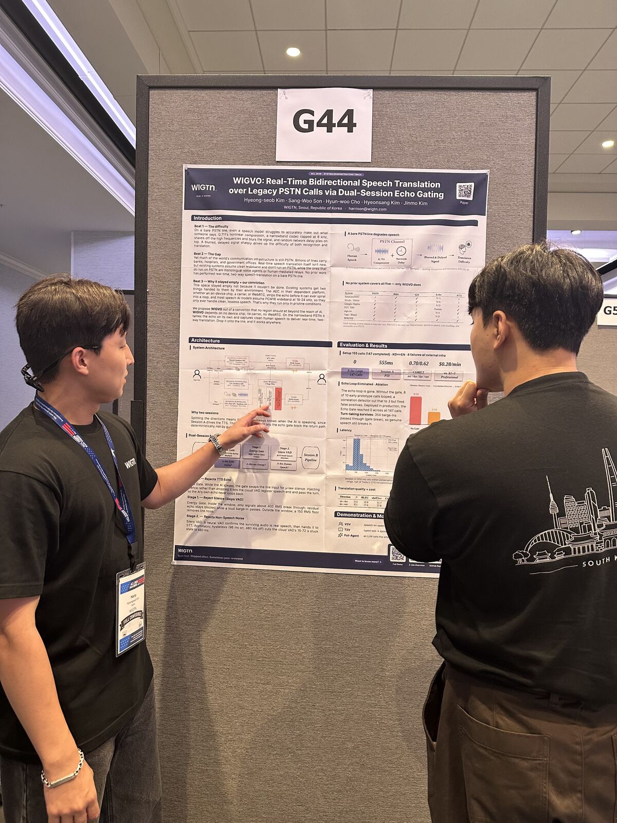 Two WIGTN team members mounting the WIGVO poster on board G44 before the IWSLT poster session.