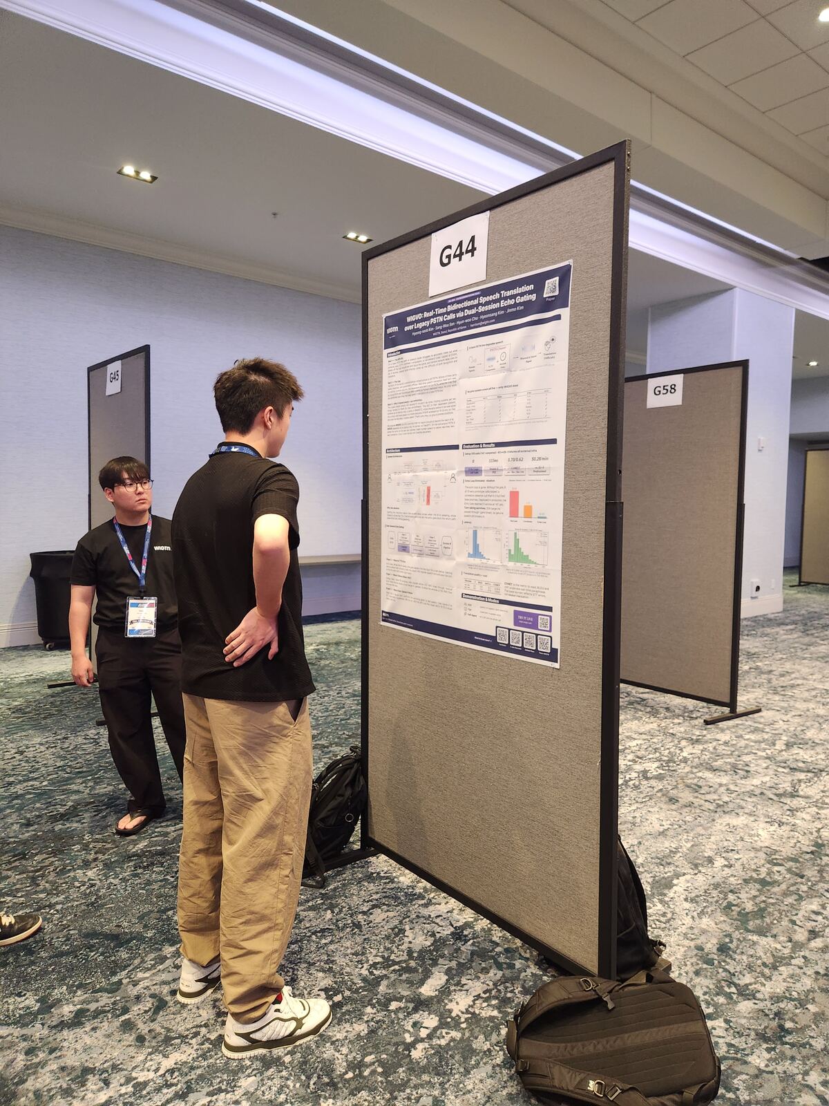 The WIGVO poster on board G44 during the IWSLT 2026 poster session, with the team presenting.